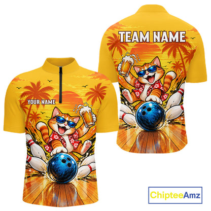 Yellow Tropical Cat Bowling Player Polo Shirt Custom Beer Drinking Sports Club Match Jersey NHT1682