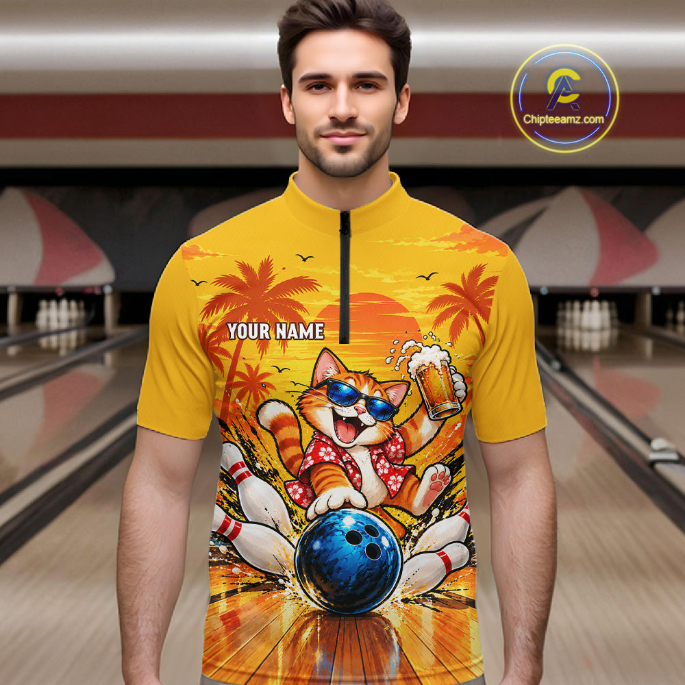 Yellow Tropical Cat Bowling Player Polo Shirt Custom Beer Drinking Sports Club Match Jersey NHT1682