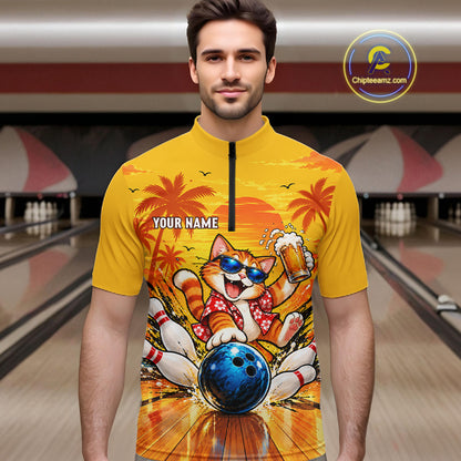 Yellow Tropical Cat Bowling Player Polo Shirt Custom Beer Drinking Sports Club Match Jersey NHT1682