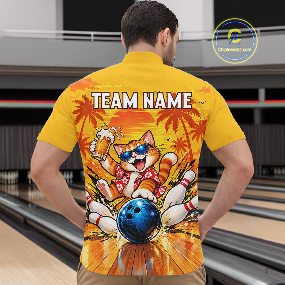 Yellow Tropical Cat Bowling Player Polo Shirt Custom Beer Drinking Sports Club Match Jersey NHT1682