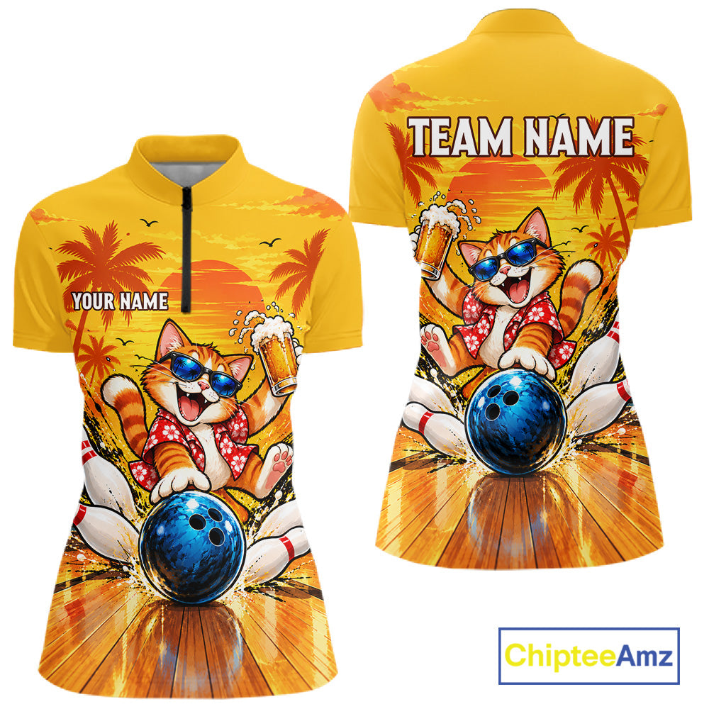 Yellow Tropical Cat Bowling Player Polo Shirt Custom Beer Drinking Sports Club Match Jersey NHT1682