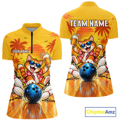 Yellow Tropical Cat Bowling Player Polo Shirt Custom Beer Drinking Sports Club Match Jersey NHT1682