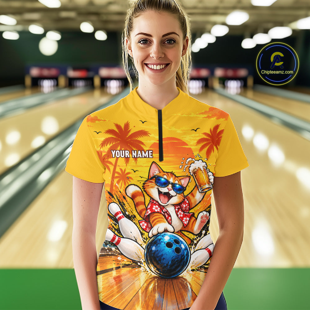 Yellow Tropical Cat Bowling Player Polo Shirt Custom Beer Drinking Sports Club Match Jersey NHT1682