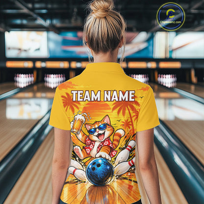 Yellow Tropical Cat Bowling Player Polo Shirt Custom Beer Drinking Sports Club Match Jersey NHT1682