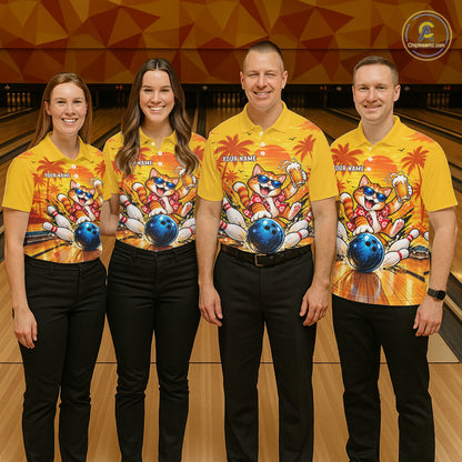 Yellow Tropical Cat Bowling Player Polo Shirt Custom Beer Drinking Sports Club Match Jersey NHT1682