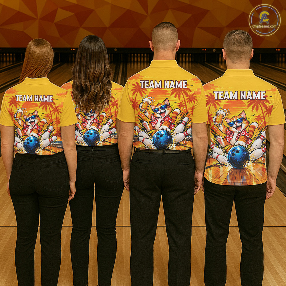 Yellow Tropical Cat Bowling Player Polo Shirt Custom Beer Drinking Sports Club Match Jersey NHT1682