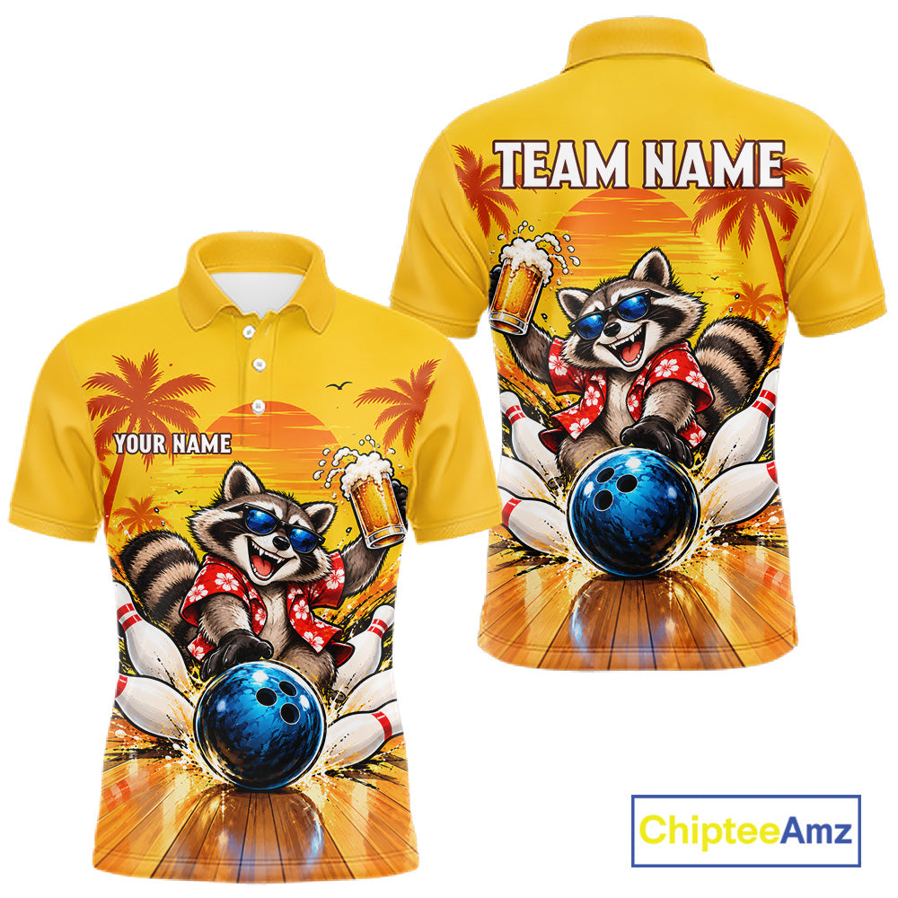 Yellow Tropical Raccoon Bowling Player Polo Shirt Custom Beer Drinking Sports Club Match Jersey NHT1684