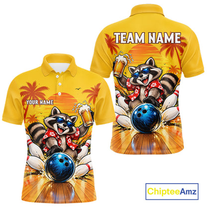 Yellow Tropical Raccoon Bowling Player Polo Shirt Custom Beer Drinking Sports Club Match Jersey NHT1684
