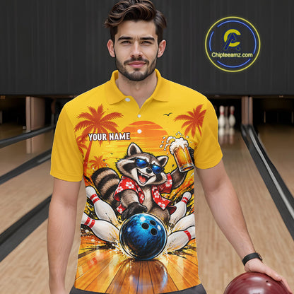 Yellow Tropical Raccoon Bowling Player Polo Shirt Custom Beer Drinking Sports Club Match Jersey NHT1684