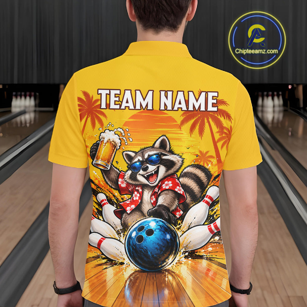 Yellow Tropical Raccoon Bowling Player Polo Shirt Custom Beer Drinking Sports Club Match Jersey NHT1684