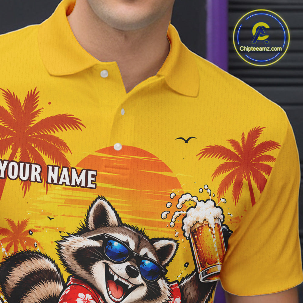 Yellow Tropical Raccoon Bowling Player Polo Shirt Custom Beer Drinking Sports Club Match Jersey NHT1684