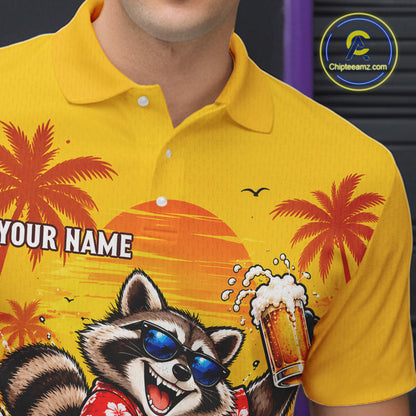 Yellow Tropical Raccoon Bowling Player Polo Shirt Custom Beer Drinking Sports Club Match Jersey NHT1684