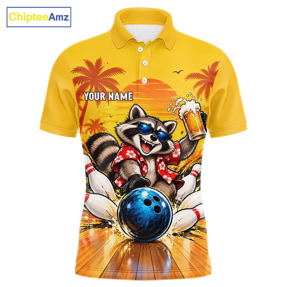 Yellow Tropical Raccoon Bowling Player Polo Shirt Custom Beer Drinking Sports Club Match Jersey NHT1684