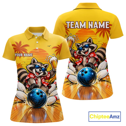 Yellow Tropical Raccoon Bowling Player Polo Shirt Custom Beer Drinking Sports Club Match Jersey NHT1684