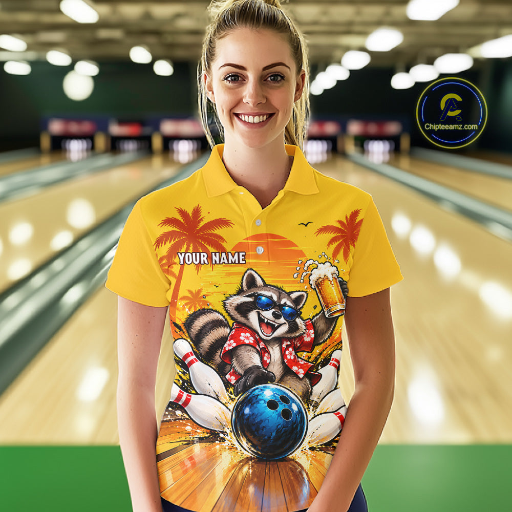 Yellow Tropical Raccoon Bowling Player Polo Shirt Custom Beer Drinking Sports Club Match Jersey NHT1684