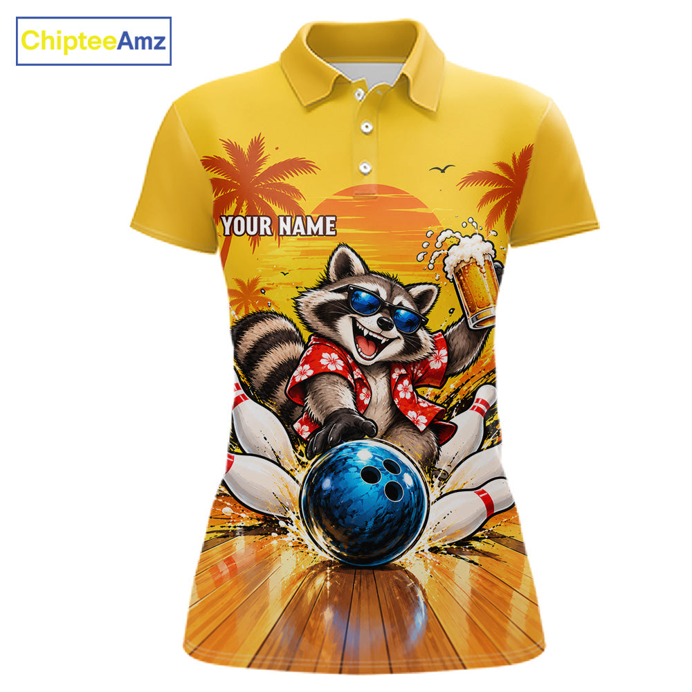 Yellow Tropical Raccoon Bowling Player Polo Shirt Custom Beer Drinking Sports Club Match Jersey NHT1684