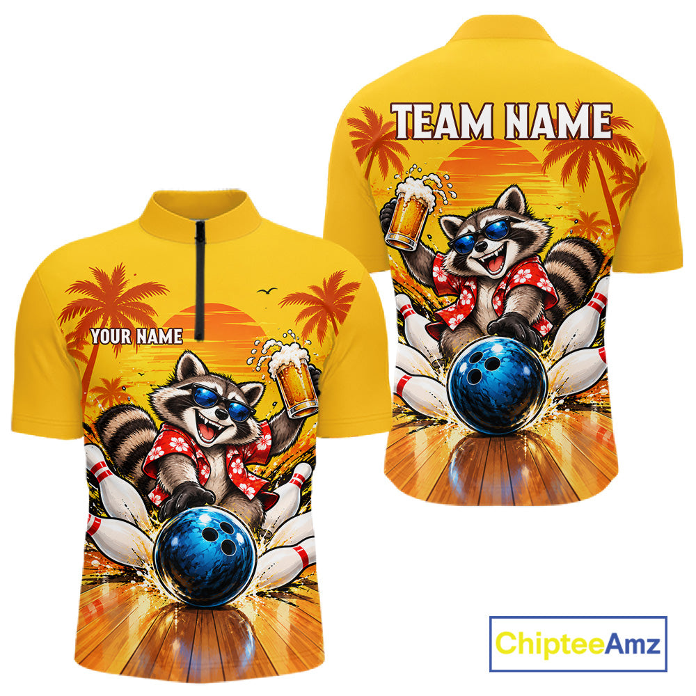 Yellow Tropical Raccoon Bowling Player Polo Shirt Custom Beer Drinking Sports Club Match Jersey NHT1684