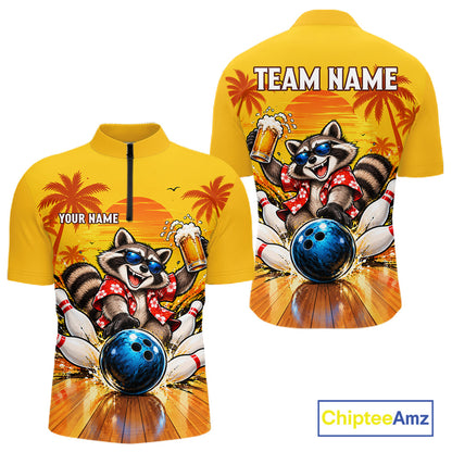 Yellow Tropical Raccoon Bowling Player Polo Shirt Custom Beer Drinking Sports Club Match Jersey NHT1684