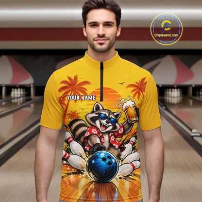 Yellow Tropical Raccoon Bowling Player Polo Shirt Custom Beer Drinking Sports Club Match Jersey NHT1684