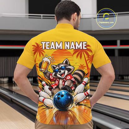 Yellow Tropical Raccoon Bowling Player Polo Shirt Custom Beer Drinking Sports Club Match Jersey NHT1684