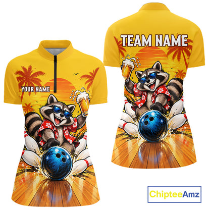 Yellow Tropical Raccoon Bowling Player Polo Shirt Custom Beer Drinking Sports Club Match Jersey NHT1684