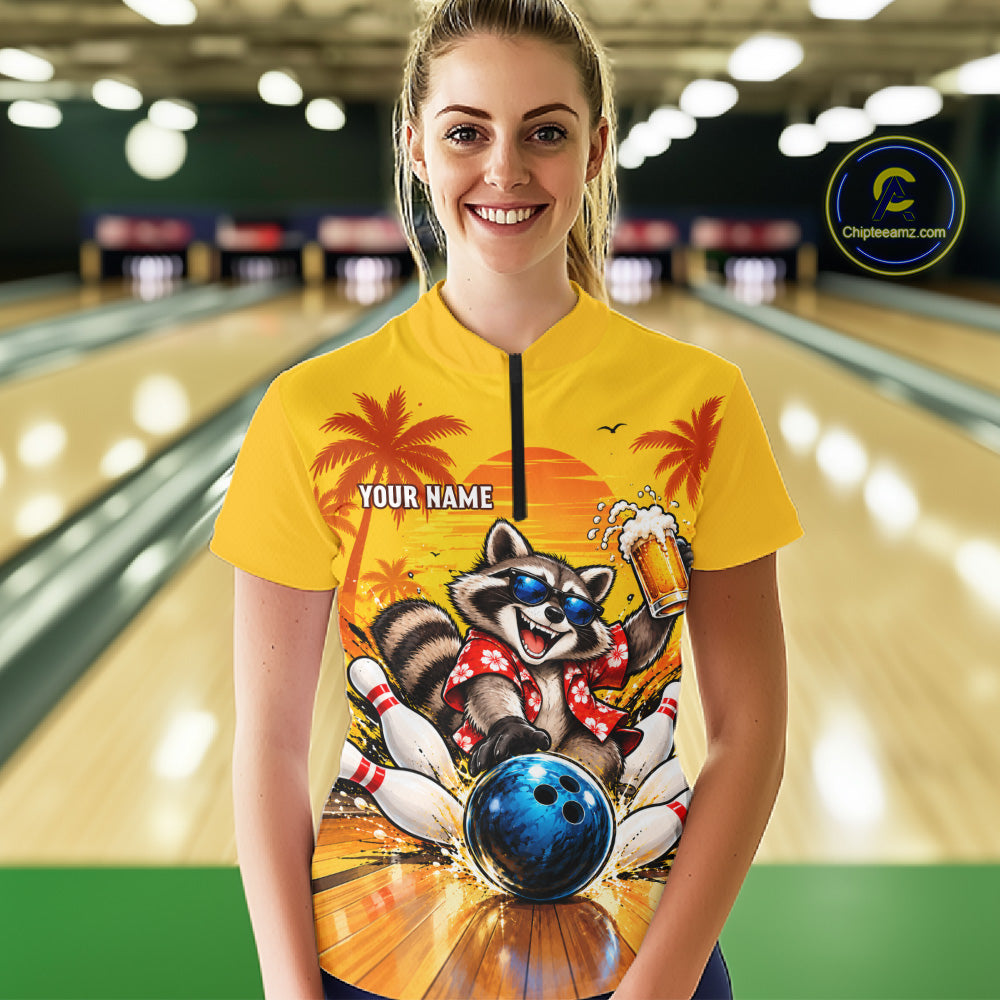 Yellow Tropical Raccoon Bowling Player Polo Shirt Custom Beer Drinking Sports Club Match Jersey NHT1684