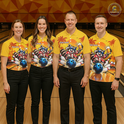 Yellow Tropical Raccoon Bowling Player Polo Shirt Custom Beer Drinking Sports Club Match Jersey NHT1684