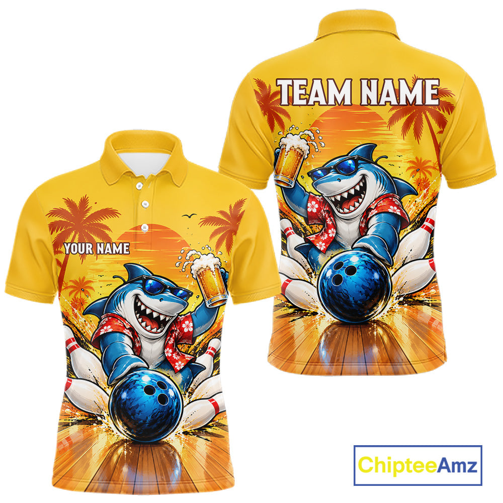 Yellow Tropical Shark Bowling Player Polo Shirt Custom Beer Drinking Sports Club Match Jersey NHT1685