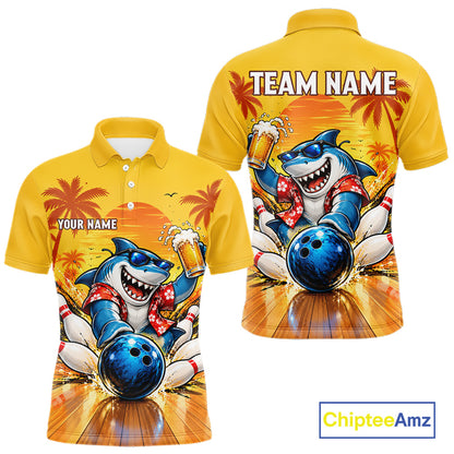 Yellow Tropical Shark Bowling Player Polo Shirt Custom Beer Drinking Sports Club Match Jersey NHT1685