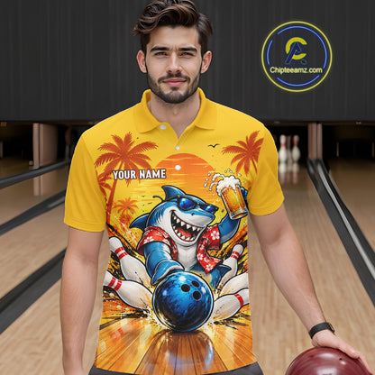 Yellow Tropical Shark Bowling Player Polo Shirt Custom Beer Drinking Sports Club Match Jersey NHT1685