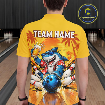 Yellow Tropical Shark Bowling Player Polo Shirt Custom Beer Drinking Sports Club Match Jersey NHT1685