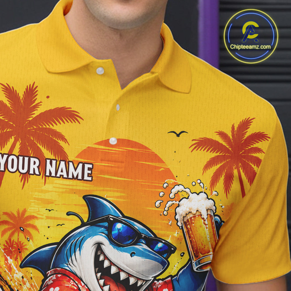 Yellow Tropical Shark Bowling Player Polo Shirt Custom Beer Drinking Sports Club Match Jersey NHT1685