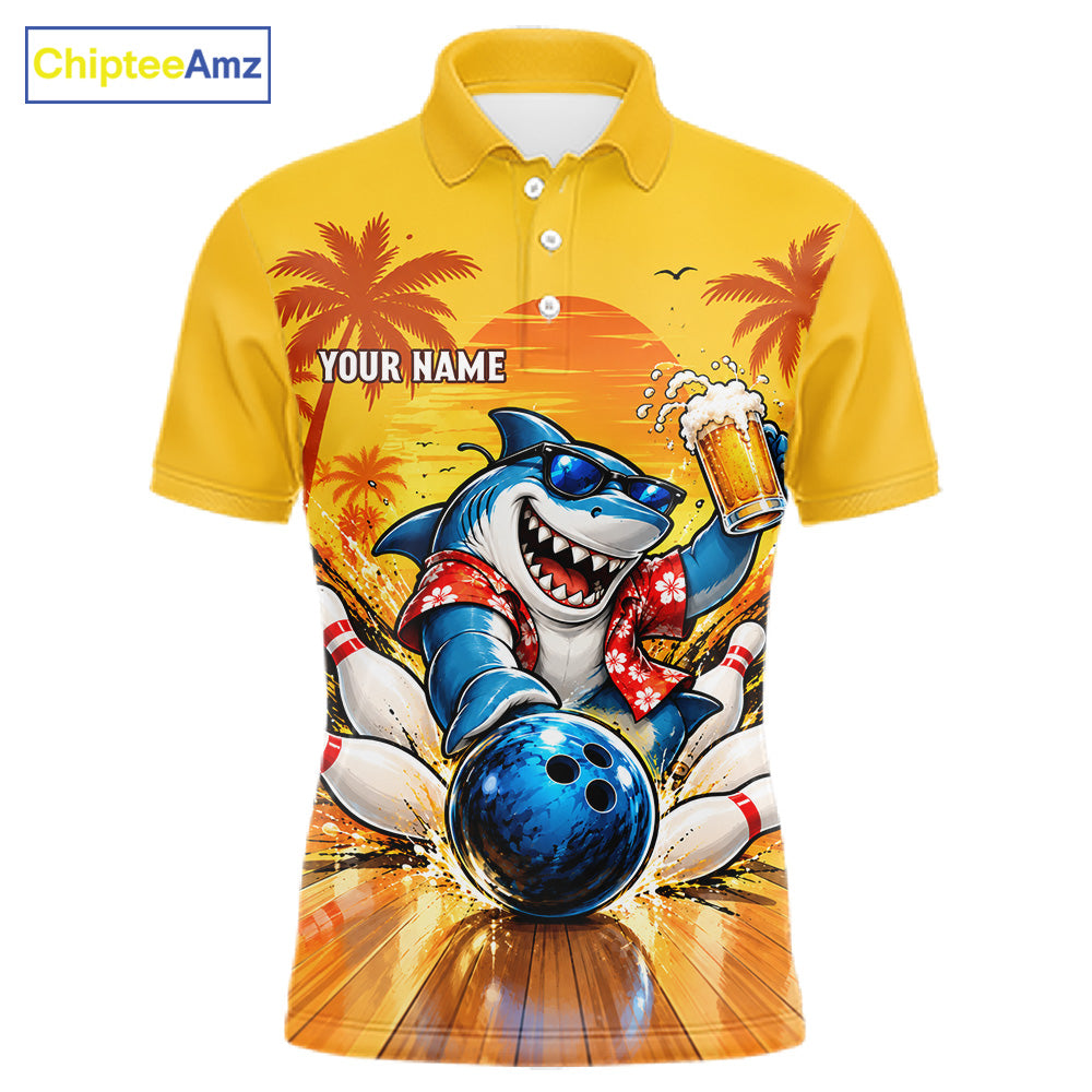 Yellow Tropical Shark Bowling Player Polo Shirt Custom Beer Drinking Sports Club Match Jersey NHT1685