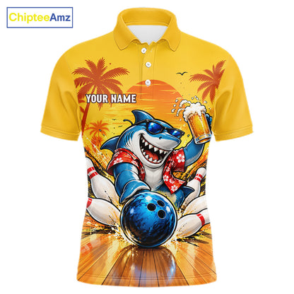 Yellow Tropical Shark Bowling Player Polo Shirt Custom Beer Drinking Sports Club Match Jersey NHT1685