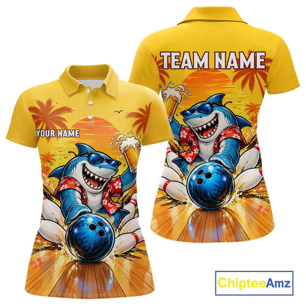 Yellow Tropical Shark Bowling Player Polo Shirt Custom Beer Drinking Sports Club Match Jersey NHT1685