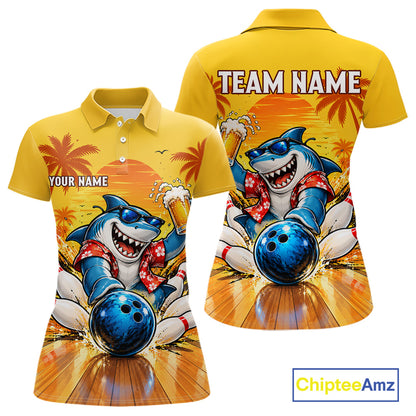 Yellow Tropical Shark Bowling Player Polo Shirt Custom Beer Drinking Sports Club Match Jersey NHT1685