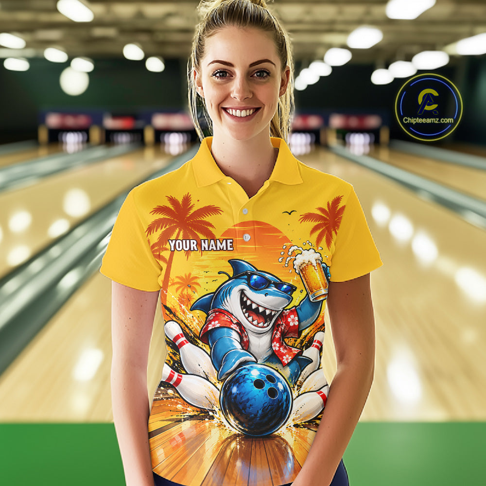Yellow Tropical Shark Bowling Player Polo Shirt Custom Beer Drinking Sports Club Match Jersey NHT1685