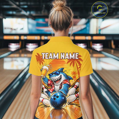 Yellow Tropical Shark Bowling Player Polo Shirt Custom Beer Drinking Sports Club Match Jersey NHT1685