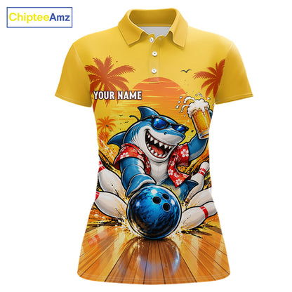 Yellow Tropical Shark Bowling Player Polo Shirt Custom Beer Drinking Sports Club Match Jersey NHT1685