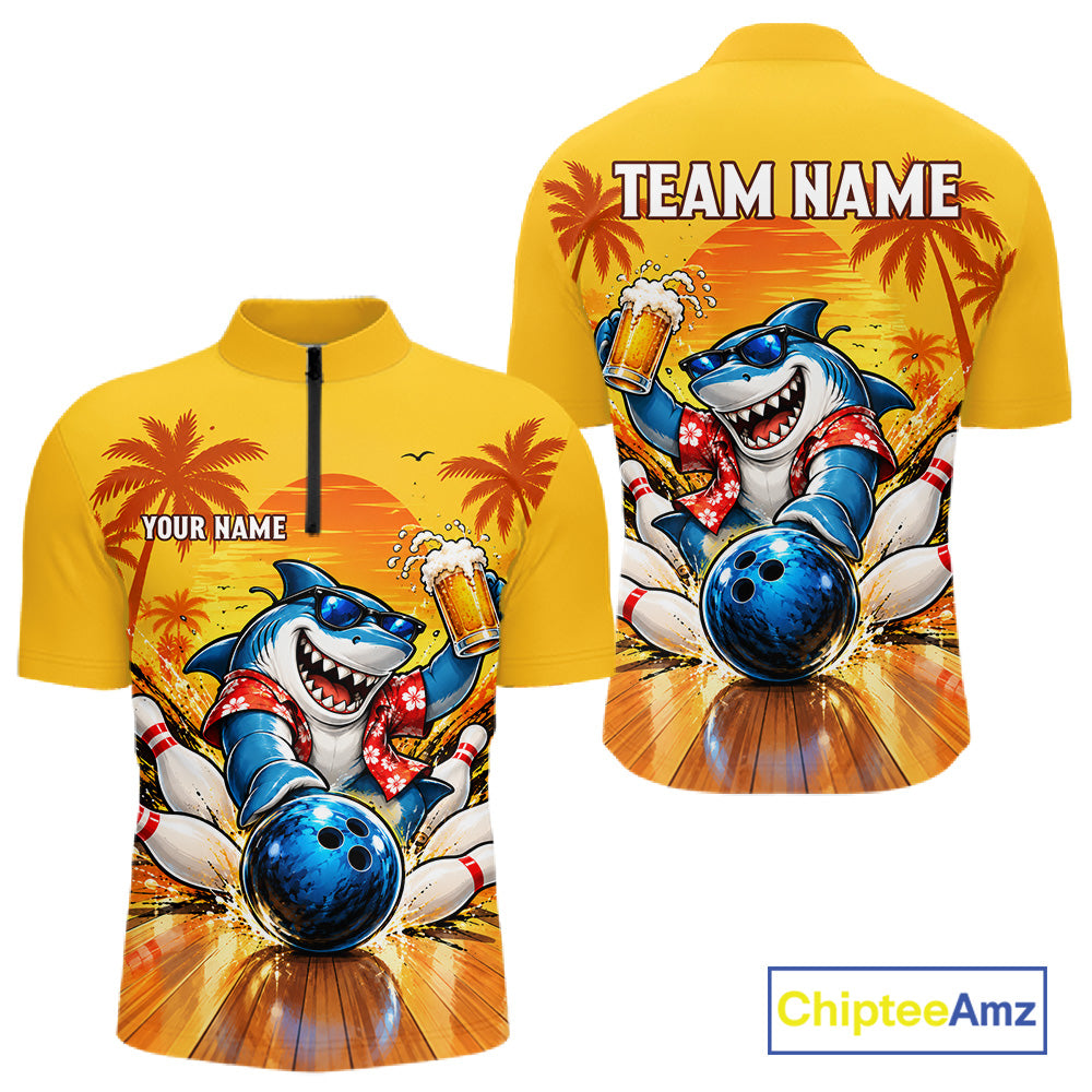 Yellow Tropical Shark Bowling Player Polo Shirt Custom Beer Drinking Sports Club Match Jersey NHT1685