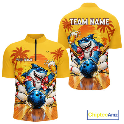 Yellow Tropical Shark Bowling Player Polo Shirt Custom Beer Drinking Sports Club Match Jersey NHT1685