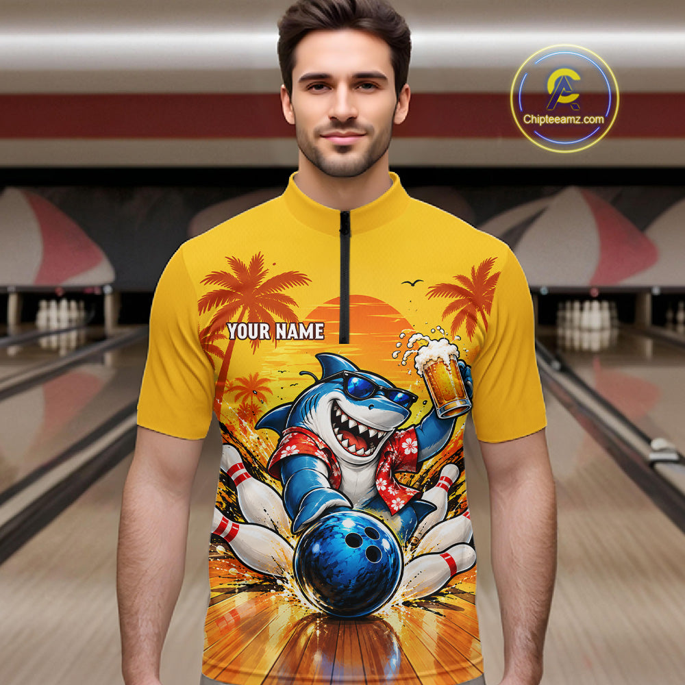 Yellow Tropical Shark Bowling Player Polo Shirt Custom Beer Drinking Sports Club Match Jersey NHT1685