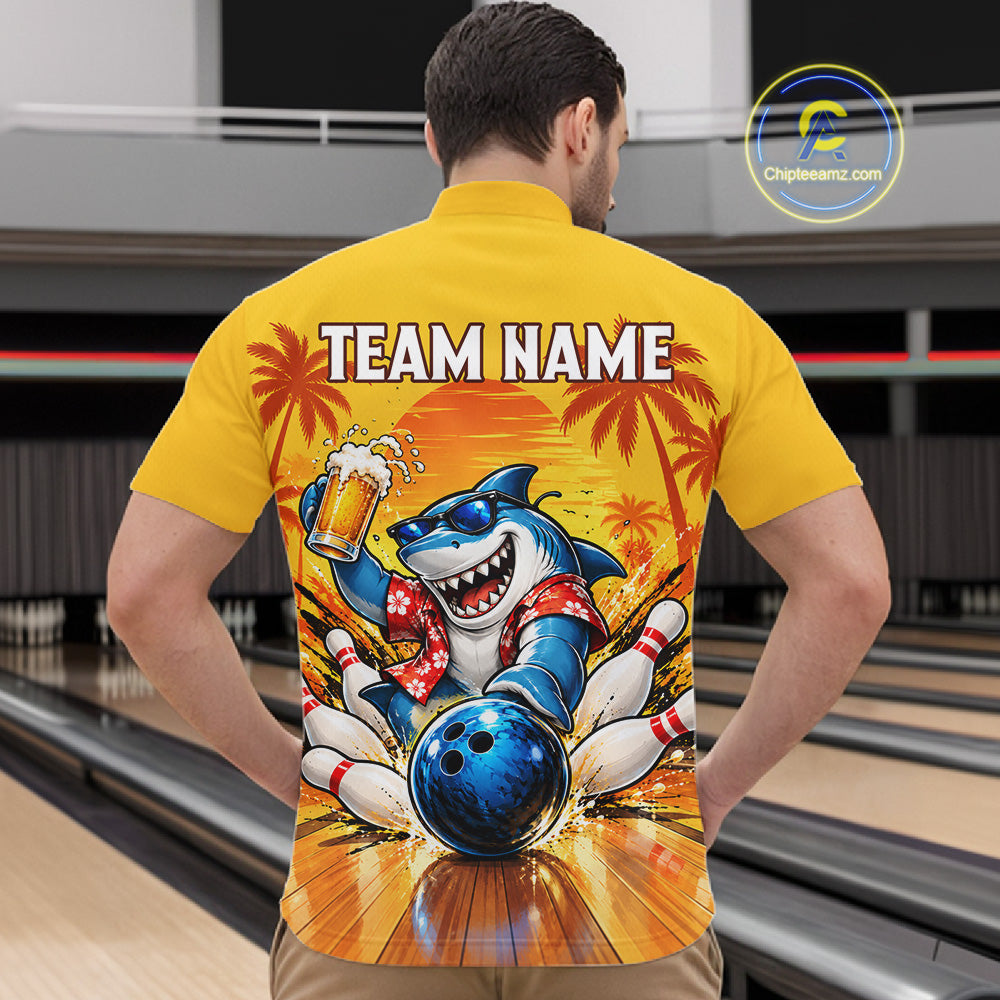 Yellow Tropical Shark Bowling Player Polo Shirt Custom Beer Drinking Sports Club Match Jersey NHT1685