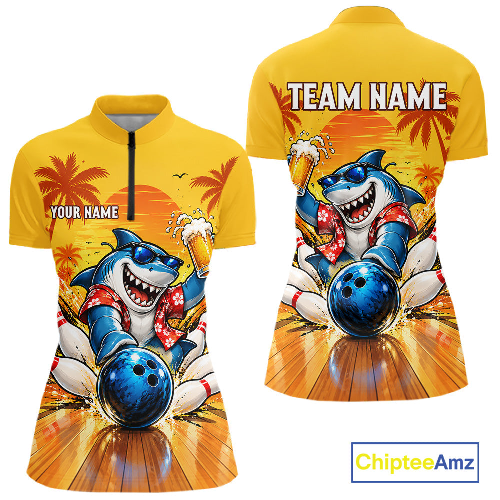 Yellow Tropical Shark Bowling Player Polo Shirt Custom Beer Drinking Sports Club Match Jersey NHT1685