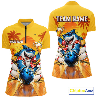 Yellow Tropical Shark Bowling Player Polo Shirt Custom Beer Drinking Sports Club Match Jersey NHT1685