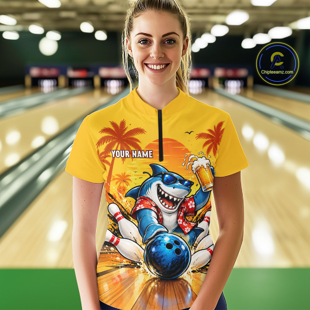Yellow Tropical Shark Bowling Player Polo Shirt Custom Beer Drinking Sports Club Match Jersey NHT1685