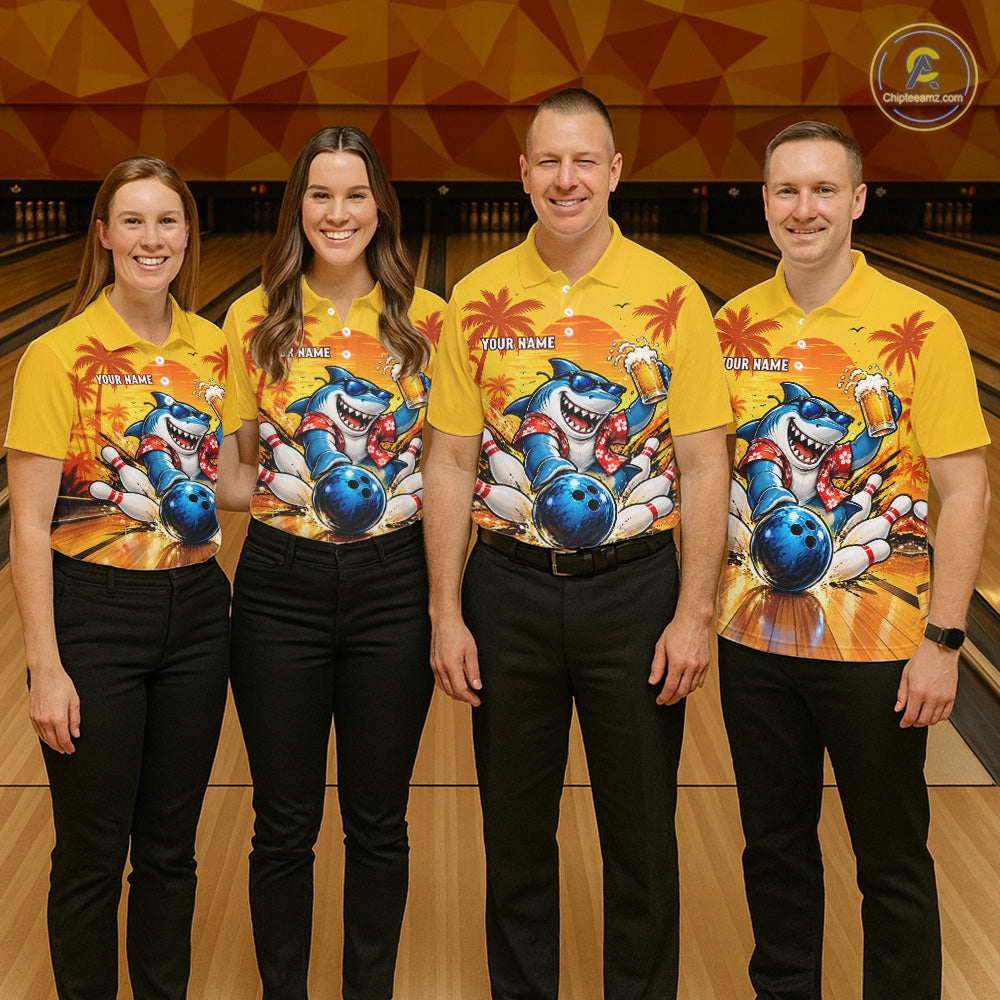 Yellow Tropical Shark Bowling Player Polo Shirt Custom Beer Drinking Sports Club Match Jersey NHT1685