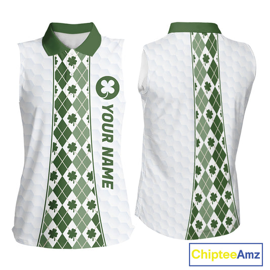White & Green Irish Argyle Womens Sleeveless Golf Polo Shirt St Patrick Day For Family Team Shirt  NHT724