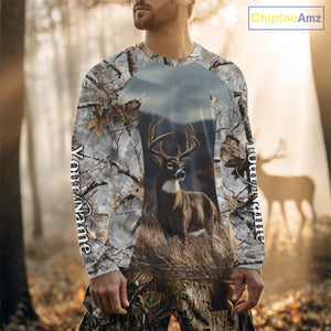 Custom 3D Deer Hunting Shirt With Whitetail Deer Winter Camo For Deer Hunting Season NHT222