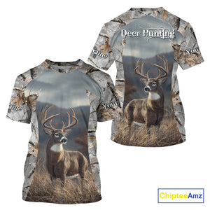 Custom 3D Deer Hunting Shirt With Whitetail Deer Winter Camo For Deer Hunting Season NHT222